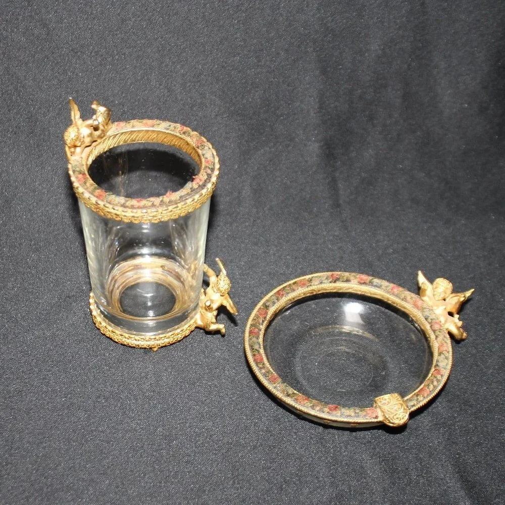 Vintage Golden Cherup Vanity Trinket Dish and Glass